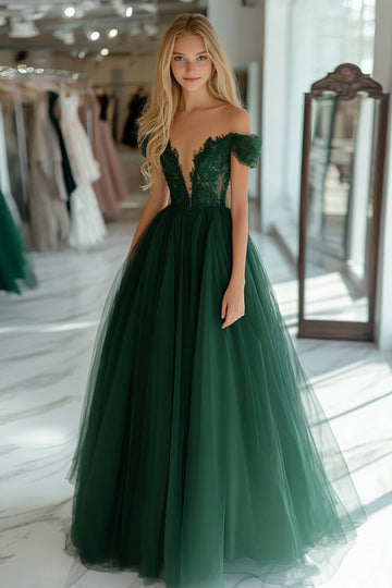 Robe longue de bal en tulle princesse vert foncé à épaules dénudées avec appliques de dentelle